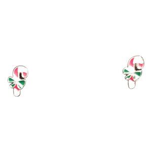 Christmas Red and White Candy Cane Stud Earrings with Green Bow and Silver Tones